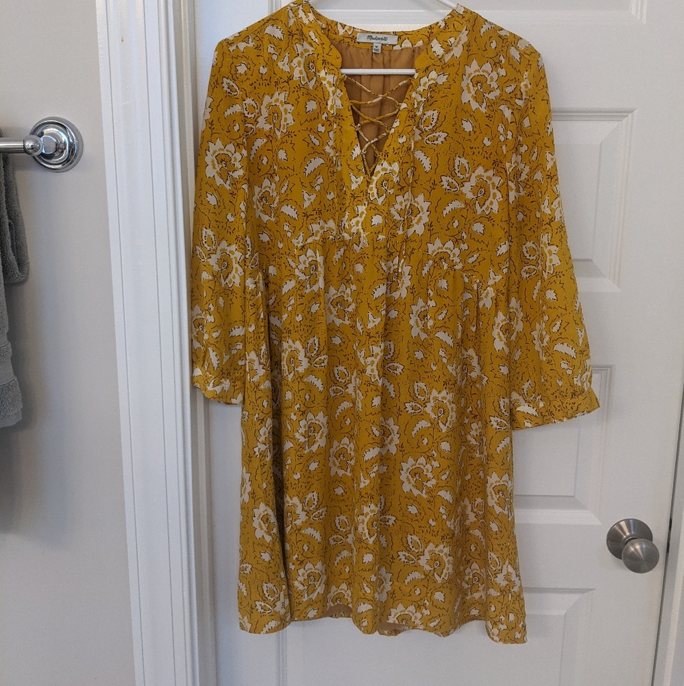 Yellow Silk Madewell Dress Floral Boho Lace Up